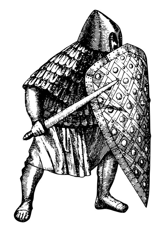 A shield-bearing sentry